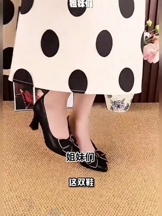 高跟鞋女2025春秋季新款尖头浅口真皮粗跟女鞋舒适蝴蝶结职业皮鞋