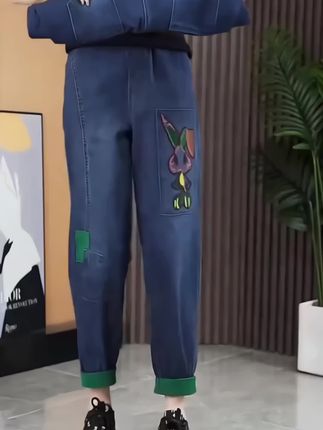 大码哈伦牛仔裤,小个子绣花九分裤#时尚穿搭#洋气减龄