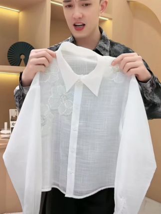【韩哥女装】2025夏轻薄透气月光白格纹立体定花天丝麻休闲衬衫8759