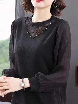洋气黑色 蕾 丝 打 底衫女春秋202,5新款妈妈网纱长袖T恤女士内搭上衣#穿搭时尚 #时尚穿搭 #穿搭 @巨量千川