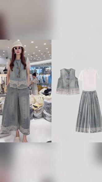 时尚气质三件套开衫牛仔马甲阔腿裤纯色圆领短袖T恤女上衣#五一穿搭不重样挑战 #夏日甜辣风穿搭来了 #出游穿搭看我的 #一键get明媚滤镜感出游穿搭 #淡人的春日低饱和氧气感穿搭
