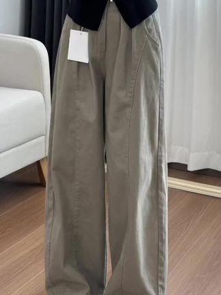 美式卡其色工装裤女秋季新款胖妹妹mm高腰遮胯显瘦弯刀阔腿休闲裤#女装穿搭 #休闲穿搭 #裤子穿搭 #休闲裤 #宽松显瘦