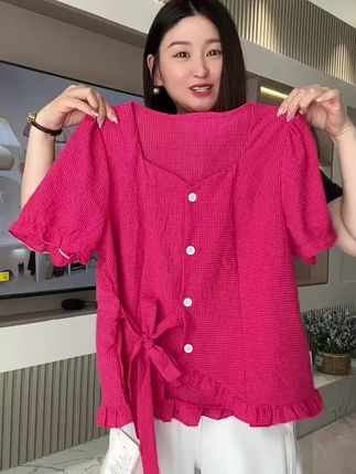 大码法式方领短袖衬衫女2025夏季胖mm设计感收腰系带上衣80006#打底衫 #打底衫女 #打底衫搭配 #打底衫显瘦 #打底衫推荐