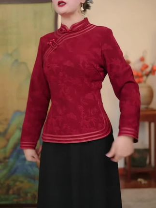 冬季国风复古旗袍上衣,厚款加绒长袖提花气质设计师,时尚女装。