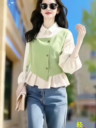 #上衣 秋季新款法式牛油果绿假两件衬衫女春秋2025新款拼接泡泡袖衬衣荷叶边上衣#每日推荐 #谁穿谁漂亮 #百搭上衣 #面料柔软舒适