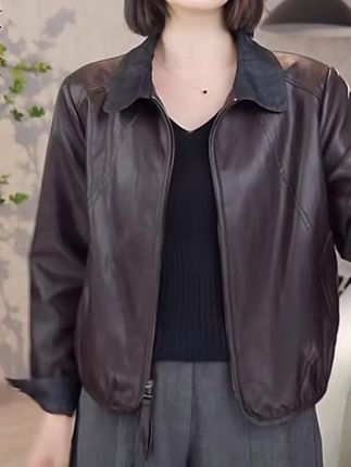 复古百搭时尚休闲短款长袖皮衣女2025新款别致小众设计感夹克外套#面料舒适#夹克外套