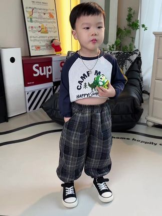 #儿童一体绒裤子 #韩版格子束脚裤