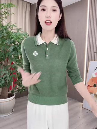 纯色百搭长袖毛针织衫POLO领洋气排汗秋装吸汗翻领薄款毛衣女装@抖音小助手 @热门推荐