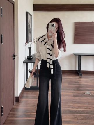 【摩登漫步】·黑灰色·四面弹穿搭高腰直筒喇叭秋冬季牛仔裤女#ootd穿搭 #穿出高级感 #今天穿什么 #显瘦显高 #女人味穿搭
