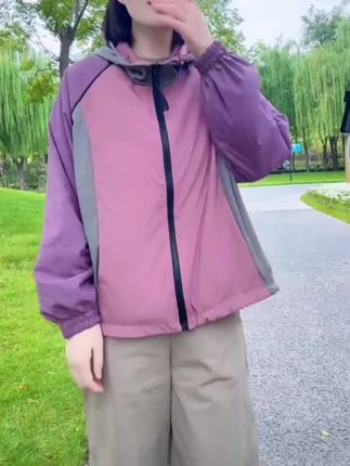 拼色两面穿长袖薄款连帽外套女2025春秋款宽松百搭拉链夹克上衣#质量保证