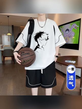 两件装青少年短袖套装男ins学生t恤套装休闲运动半袖帅气一套衣服#休闲套装 #短袖套装 #青少年两件套 #青少年套装#学生休闲套装