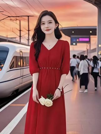 高级感上档次红色连衣裙女2025年夏新款名媛气质减龄显瘦复古长裙