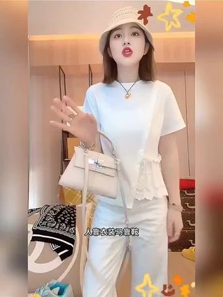 大码纯棉高级感正肩蕾丝拼接短袖t恤女士胖MM夏季显瘦不规则上衣