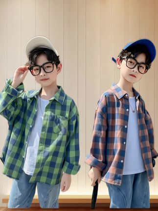 男童棉质格子衬衫儿童春装衬衣韩版中小童春秋款2025新款长袖上衣