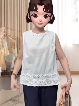 #更适合小个子的不露腿穿搭 #时尚穿搭 #显瘦裤子 #夏天干净穿搭 夏季新款新中式刺绣花边圆领无袖宽松百搭上衣套装高腰直筒休闲裤g