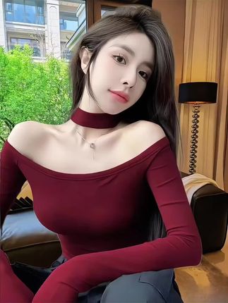 纯欲风一字领挂脖长袖t恤女早秋设计感小众辣妹修身打底衫上衣女#御姐风 #甜辣妹 #打底衫#显瘦穿搭#气质穿搭