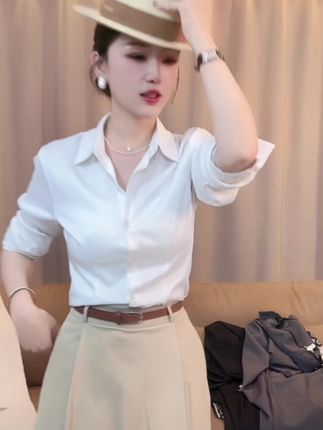 高级感纯欲风醋酸缎面收腰衬衫女早春季新款高端别致漂亮珠光小#时尚百搭上衣#穿出自己的风格