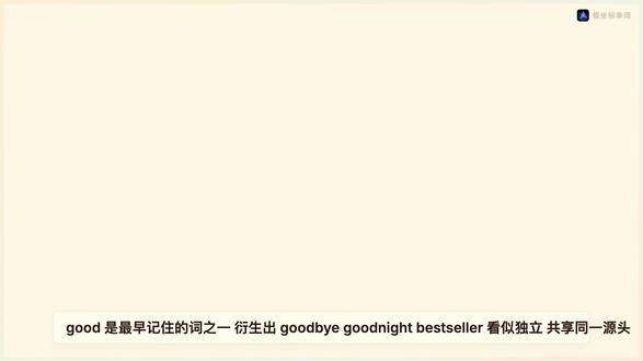 词根 good = having the right or good = having the right or desired qualities (好的)
来源: Old English 'god'
best (A1) 最好的
goodly 好看的
goodness (B1) 善良
goodnight (C1) 晚安
goods (B1) 商品
goodwill (B2) 善意
goody (C2) 好东西
goodies 好东西(复数)
bested 击败
bestseller (B2) 畅销书
goodbye (A1) 再见
goodbyes 再见(复数)
#英语词根 #词根记忆法 #英语单词 #背单词 #英语学习 #极坐标单词