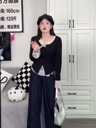 #视频同款#洋气十足 【现货】胖mm秋季显瘦遮肉蕾丝拼接上衣黑色假两件正肩长袖08001#品质女装 #品质女装 #洋气减龄 @上热门话题🔥🔥🔥🔥