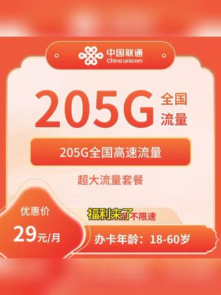 宁夏联通流量卡29元205G长期发宁夏