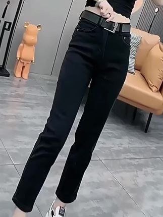 秋季新款大码黑色直筒牛仔裤显瘦高腰裤子女款胖mm显瘦#完美 #爱了爱了#瘦成一道闪电