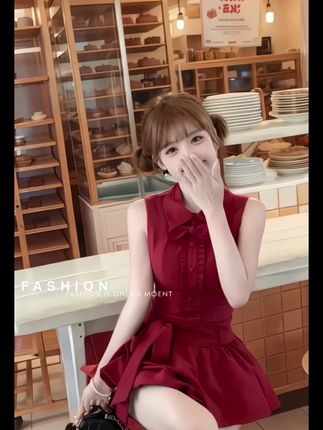 赤色花夜 夏季新款温婉大方车厘子红兔耳衬衫领系带花苞连衣裙女#夏季#夏季穿搭 #夏季新款#穿搭#穿搭技巧
