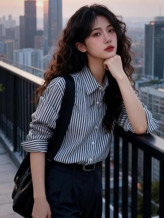 #简约穿搭 #高级感穿搭 #衬衫的多种穿法 #衬衫穿搭 #通勤搭配 在都市天际线的晕染里,她以一件宽松条纹衬衫,演绎意式慵懒与法式雅致的邂逅。 不刻意的剪裁,藏着显瘦巧思;小众的条纹肌理,在休闲与时尚间找到平衡。外穿时,是都市丽人的随性腔调;单穿时,又有法式上衣的设计感加持。 当风掠过衣角,在高楼与黄昏的底色中,这件衬衫把“小众高级感”穿成日常,让每一次出场,都似不经意间的时尚宣言。