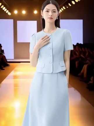 职场姐妹看过来✨ 浅蓝套装裙杀疯啦!圆领上衣精致纽扣,搭配同色系伞裙,优雅又干练,走路带风💨 穿上秒变职场气质女神,会议、洽谈超加分,谁懂这种高级感!速码穿搭灵感~ #职场穿搭 #气质套装#时尚气质穿搭 #时髦穿搭 #优雅洋气#女装时尚穿搭 ##美出高级感