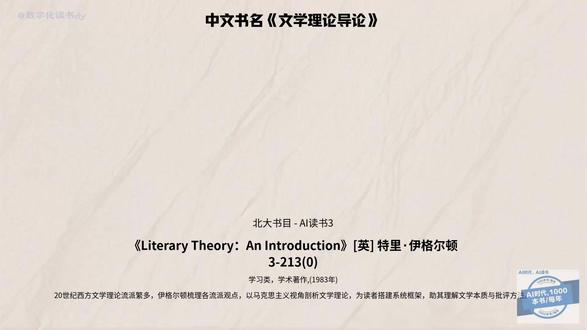 3-213(0)文学理论揭秘:从生活到AI,伊格尔顿教你轻松 主持人对话文学理论老师,解析《Literary Theory》一书,探讨理论如何贴近生活、分析社会现象,并指导入门方法,让批判性思维触手可及。
#读书 #文学 #知识分享 #北大 #AI读书