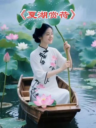 夏湖赏荷#夏湖赏荷 烟霭轻笼夏湖间, 翠盖擎珠映玉颜。 素袂荷香舟上立, 一笑沉醉水云边。