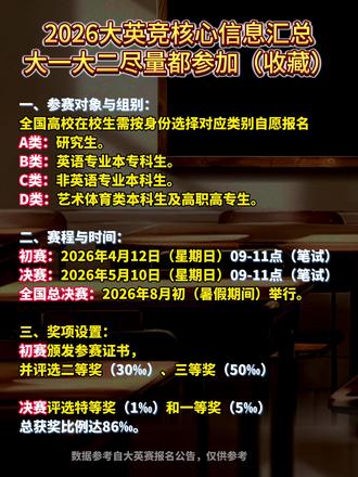 大英赛竞赛价值:成绩可作为保研、就业、留学的重要依据。 2026大英赛开启报名!新东方一对一辅导抢先预定!
参赛对象与组别:
全国高校在校生均可自愿报名,分四类:
A类:研究生。
B类:英语专业本专科生。
C类:非英语专业本科生。
D类:艺术体育类本科生及高职高专生。
初赛:2026年4月12日(星期日)上午9:00-11:00,在各高校校内举行;
决赛:2026年5月10日(星期日)上午9:00-11:00进行笔试,下午加设口试(满分50分),地点由省级组委会另行通知。笔试满分150分,含听力30分;
全国总决赛:2026年8月初(暑假期间)举行,特等奖选手可参加演讲、辩论等系列活动。#大英赛备考 #大英赛c类 #英语竞赛 #大英赛报名 #大英赛奖项设置 #保研 #考研
#强基计划 #保研新规 #冷门专业保研率 #保研从大一卡位 #大一证件防漏指南 #宿舍安全五道锁 #新生防诈骗公式 #四六级隐形门票 #冷门专业逆袭路径 #分离焦虑自救课 #宿舍关系破冰法则 #亲子对话降级术 #生活费黄金分割线 #兼职价值公式 #健康包必装清单 #官方渠道防伪课 #班主任沟通话术 #家长群信息降噪法
