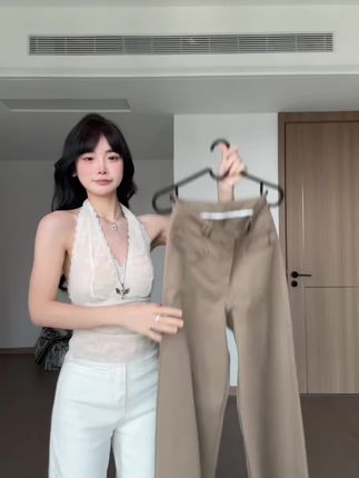 哲娜纯卡其色西装休闲直筒裤女新款高腰宽松显瘦垂感阔腿拖地裤#休闲#西装裤#宽松#显瘦