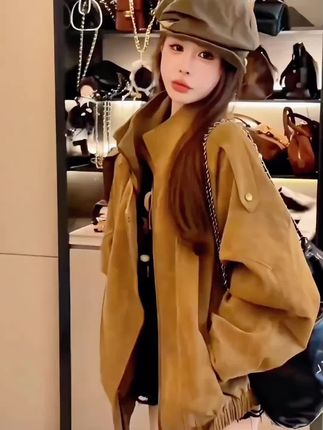 美式复古麂皮绒咖色机车外套女秋季新款设计感休闲百搭宽松夹克潮#百搭时尚#洋气减龄@抖音小助手