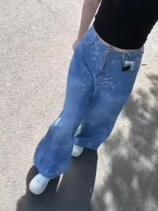 #我要上热门 夏季薄款复古印花窄版阔腿直筒牛仔裤女高腰慵懒宽松垂感拖地裤子