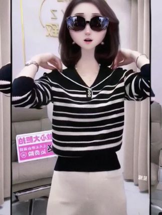 【80-160斤】海军领翻领条纹套头针织衫2025春季打底长袖上衣女#海军领上衣 #秋款新款 #长袖上衣