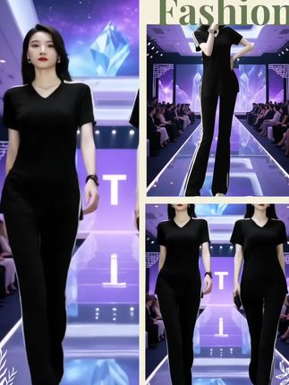 夏季穿搭运动两件套#V领休闲运动套装#冰丝薄款开叉短袖#微喇叭裤修身洋气显瘦两件套#时尚休闲女装#谁穿谁好看