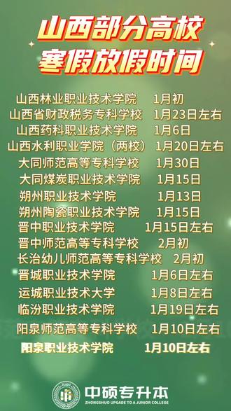 山西部分高校寒假放假时间安排#寒假#中硕专升本