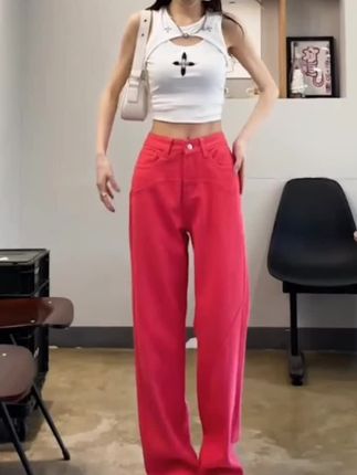 粉红直筒牛仔裤女春秋季2025年新款薄款显瘦设计感爆款阔腿裤子女#穿搭穿搭 #阔腿牛仔裤显高