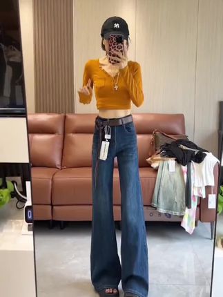 百搭复古不贴腿微喇牛仔裤女2025早秋新款高腰宽松弹力显瘦拖地裤#女装#女装新品日 #宽松#拖地裤#牛仔裤