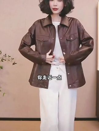 CHENSMCHEN 进口羊皮革翻领皮衣女春季设计感外套CSA2018SL#简约大气 #日常通勤穿搭 #皮衣外套搭配