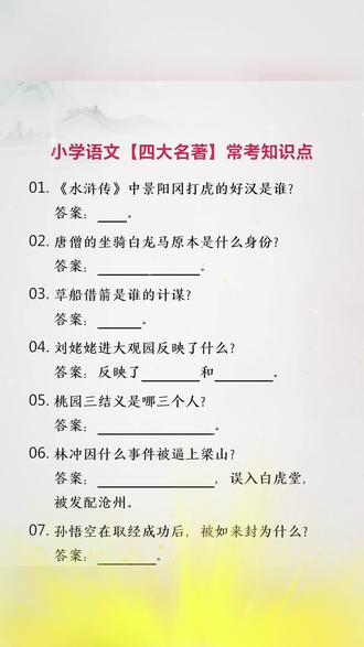 五年级下册有四大名著单元,寒假每天翻两个问答。
三国水浒西游红楼,人物关系、经典情节都用漫画导图拆好了,孩子看得进去。#初中语文 #名著阅读 #漫画学习 #中考考点