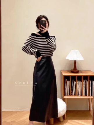 2025秋季新款韩系高级感一字肩飘带软糯条纹针织衫女百搭半身 #今日穿搭 #高级感穿搭 #裙装穿搭 #穿搭分享每一天 #温柔风穿搭