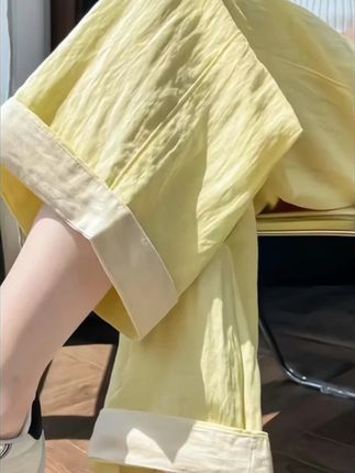 #黄色亚麻山本裤夏季薄款2025新款垂感小个子直筒七分阔腿裤#穿出你的时尚你的感觉