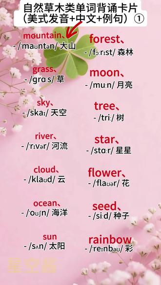 #英语词汇 #英语单词 #英语词汇积累 #英语没那么难 自然草木类背诵卡片自然类英语单词表
1. mountain /ˈmaʊntən/ 大山 例句:We climbed a high mountain last weekend. 我们上周末爬了一座高山。
2. grass /ɡrɑːs/ 草 例句:The cow is eating green grass in the field. 奶牛正在田里吃青草。
3. sky /skaɪ/ 天空 例句:There are many stars in the dark sky tonight. 今晚漆黑的天空中有很多星星。
4. river /ˈrɪvər/ 河流 例句:We often go fishing by the river in summer. 夏天我们常去河边钓鱼。
5. cloud /klaʊd/ 云 例句:A big black cloud is coming—maybe it will rain. 一大片乌云飘过来了,可能要下雨了。
6. ocean /ˈoʊʃn/ 海洋 例句:The blue ocean looks very beautiful under the sun. 阳光下的蓝色海洋看起来很美。
7. sun /sʌn/ 太阳 例句:Don’t read books in the sun—it’s bad for your eyes. 别在阳光下看书,对你的眼睛不好。
8. forest /ˈfɔːrɪst/ 森林 例句:Sunlight filters through the forest. 阳光穿透森林。
9. moon /muːn/ 月亮 例句:The full moon is shining brightly in the night sky. 满月在夜空中明亮地照耀着。
10. tree /triː/ 树 例句:My grandma planted a small tree in our yard ten years ago. 十年前奶奶在院子里种了一棵小树。
11. star /stɑːr/ 星星 例句:Children like to count stars when they lie on the grass. 孩子们躺在草地上时喜欢数星星。