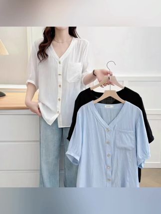 梦冬佳--110-200斤大码女装夏季欧若风宽松遮肉纯色半袖衬衫小衫#大码女装#衬衫#宽松