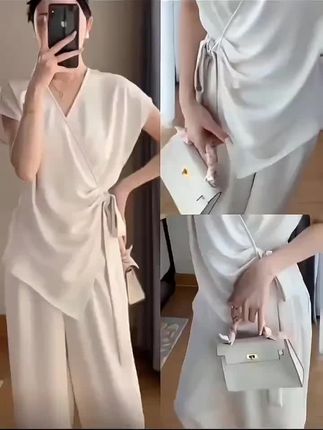2868大码女装时尚气质套装胖mm修身显瘦系带上衣高腰阔腿裤两件套#简约穿搭 #休闲减龄穿搭 #洋气减龄 #显瘦穿搭 #爆款热卖中