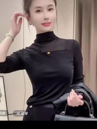 网红时尚半高领黑色网纱长袖打底衫洋气修身显瘦女士长袖打底衫#每日分享 #显瘦穿搭 #女装搭配 #时尚穿搭 @DOU+小助手 @DOU+上热门