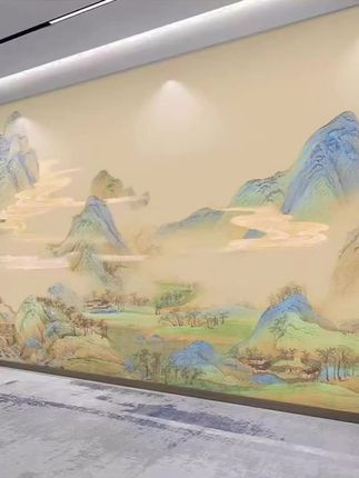 客厅变身艺术馆,3D立体壁画太惊艳! 中式山水画千里江山图壁布电视背景墙壁画#电视背景墙 #客厅背景墙 #支持定制各种款式及尺寸 
