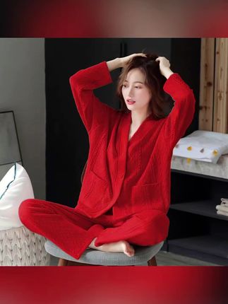 大红色睡衣女款爆款2025新款春秋纯棉长袖女士大码秋季家居服套装#女士穿搭#睡衣#家居服套装