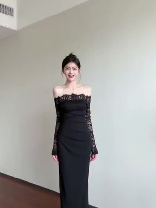 纯欲风一字肩蕾丝拼接连衣裙2025新款内搭性感收腰显瘦打底包臀裙#视频同款 #性感 #收腰 #显瘦 #连衣裙
